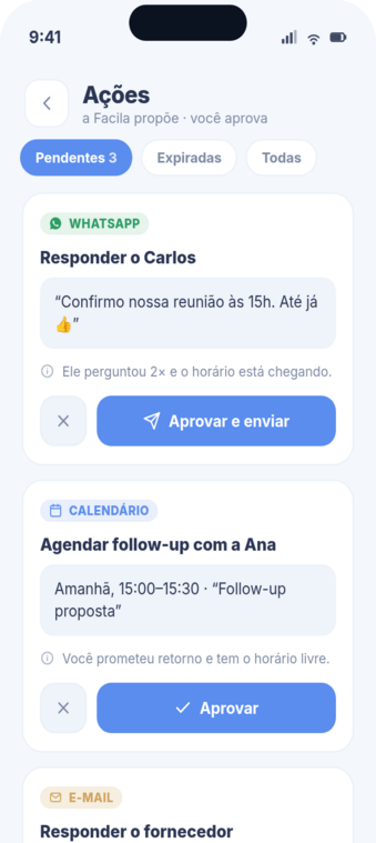 Facila actions screen: drafted reply ready for your approval before anything is sent